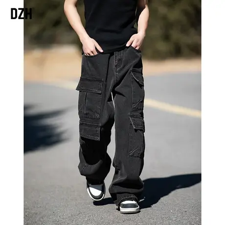 男士美式黑色牛仔裤男直筒阔腿裤子2024新款宽松休闲裤长裤工装裤商品大图