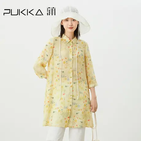蒲PUKKA 原创设计2023夏季苎麻印花A型中长款宽松衬衫图片