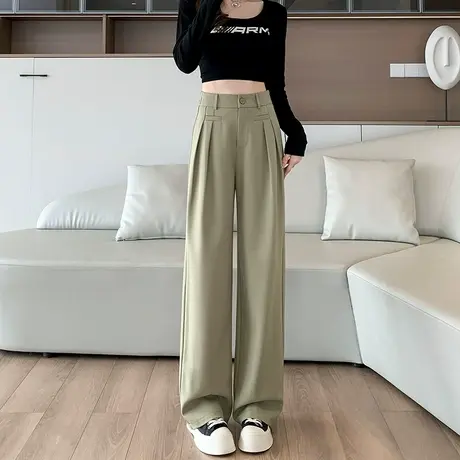 垂坠感西装阔腿裤女2024新款春秋高级感豆绿色高腰显瘦休闲直筒裤图片