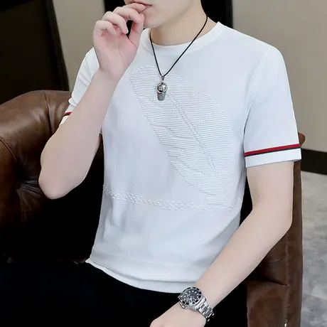 潮牌冰丝短袖t恤夏天男士帅气圆领针织夏装透气薄款半袖上衣体恤商品大图