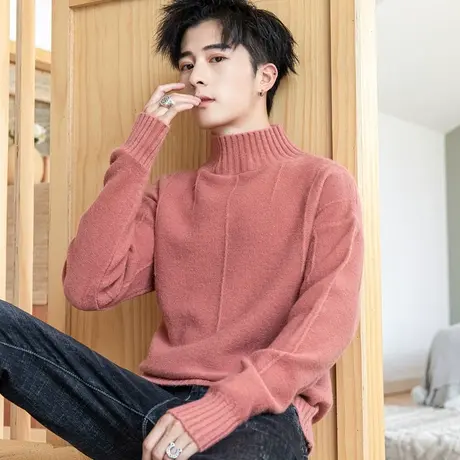 纯色半高领毛衣男秋冬季2023韩版潮流针织衫加厚款春秋保暖打底衫商品大图