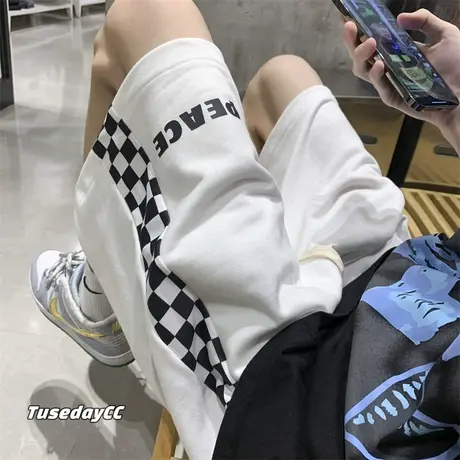 编织抽绳直筒短裤男夏季潮牌运动裤中裤潮流宽松格子休闲五分裤子商品大图