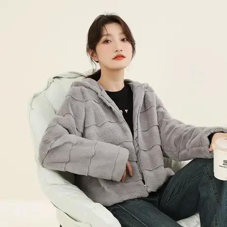 韩潮袭人高级感连帽仿水貂毛短外套女2023冬季新款休闲皮草上衣图片