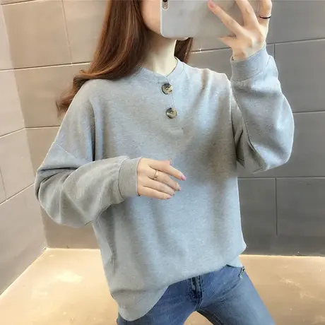 纯色纽扣字母卫衣女时尚上衣潮2023新款女装韩版圆领长袖百搭外套图片