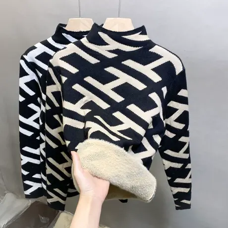 2023冬新款半高领一体绒毛衣女套头加绒加厚针织衫女保暖打底衫商品大图