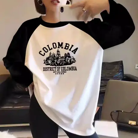 黑白撞色秋冬插肩袖2023年长袖T恤女内搭打底衫宽松纯棉小众上衣商品大图