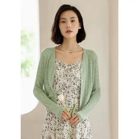 弥古绿色冰丝防晒开衫薄款镂空针织外套女夏吊带裙外搭罩衫高级感商品大图