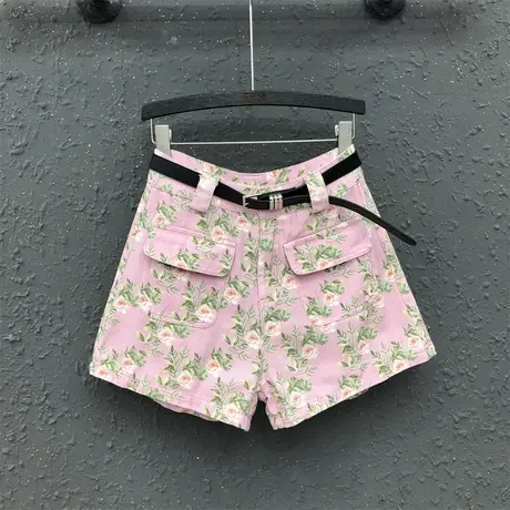 时尚甜美印花粉色减龄牛仔短裤女春夏新品ins显瘦宽松a字阔腿热裤商品大图
