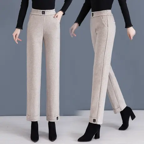 高腰阔腿裤女小个子秋冬季毛呢休闲裤时尚宽松显瘦垂感直筒裤大码图片