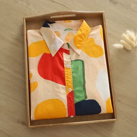 春秋新款日系文艺小清新印花纯棉长袖衬衫女学生宽松翻领打底上衣图片