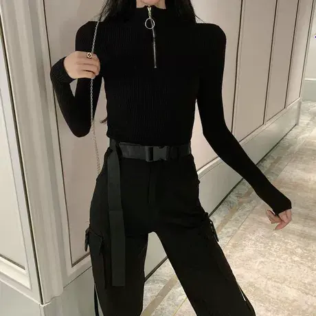 2023秋冬装新款韩版半高领拉链打底衫上衣修身显瘦内搭针织衫毛衣商品大图