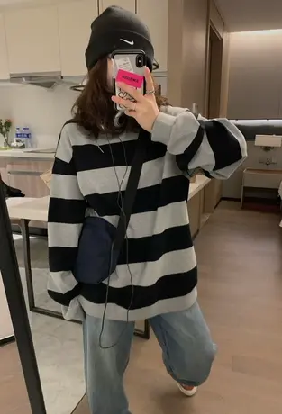 美式复古条纹卫衣女秋冬小个子高级感上衣宽松慵懒风加绒加厚外套商品大图