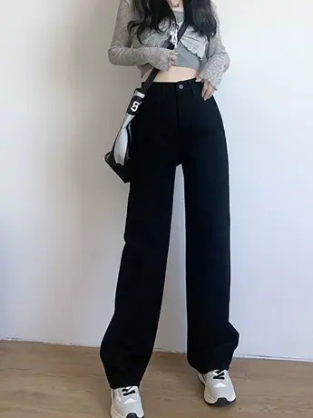 清仓捡漏美式高腰牛仔裤女修身显瘦冬季新款复古宽松百搭直筒裤商品大图