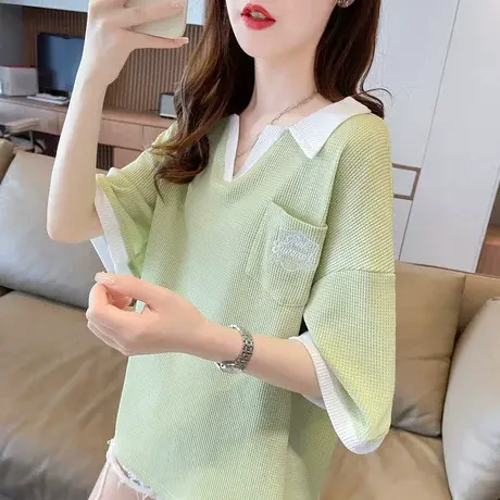 华夫格娃娃领短袖t恤女夏季韩版宽松大码女装翻领polo衫撞色上衣图片