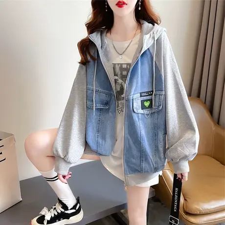 早春假两件卫衣女春秋季韩版宽松薄款初春百搭小个子牛仔拼接外套商品大图