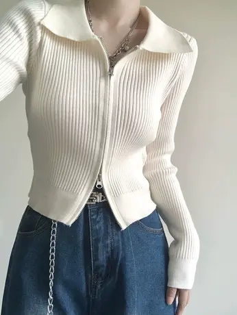 polo领针织t恤女春装修身显瘦独特别致小众设计拉链短款上衣外套图片