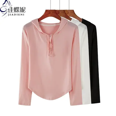 秋季新款韩版纯白宽松休闲纯色简约连帽衫长袖体恤上衣女装商品大图