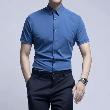 seno裸奔衬衫男短袖纯棉超弹力T恤衬衫修身正装韩版夏季商务衬衣图片