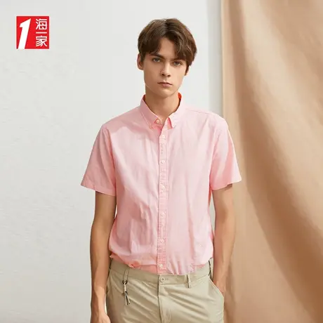 海一家牛津纺短衬扣领尖领舒适透气青春休闲短袖衬衫男图片