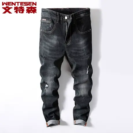 2023新款青年牛仔裤男修身弹力休闲百搭直筒牛仔长裤黑色潮牌男裤商品大图