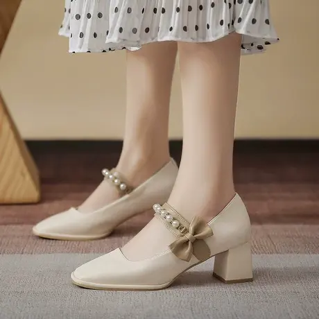 高跟鞋女2023新款蝴蝶结仙女风中跟粗跟少女方头法式玛丽珍单鞋女图片