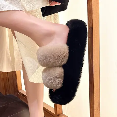 兔毛松糕底毛毛拖鞋女外穿毛拖鞋女2023新款毛绒厚底冬季增高晨袍商品大图