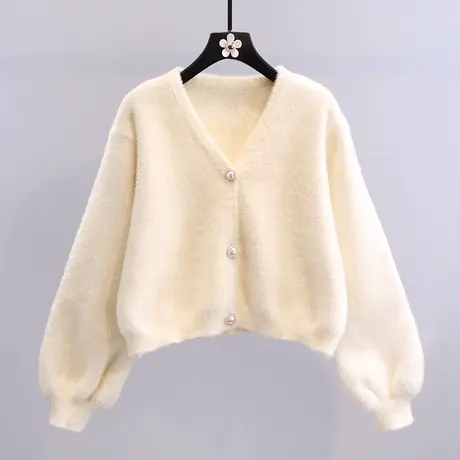 小香风仿貂绒毛衣外套女冬季2023新款宽松百搭小个子短款针织开衫商品大图