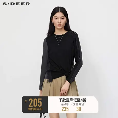 sdeer圣迪奥女装复古圆领蕾丝不规则长袖T恤S223Z0212🍮图片