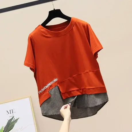 夏装宽松休闲T恤百搭细格子不规则拼接字母刺绣卫衣女套头外套潮图片