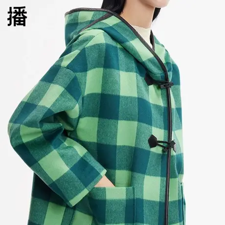 播毛呢外套女2023秋季新款格子代购连帽中长款呢子大衣DDP4AD8020图片