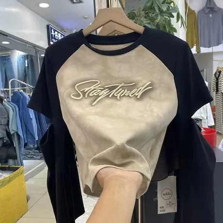 撞色长袖T恤女早秋设计感字母刺绣别致断袖洋气扎染短款辣妹上衣商品大图