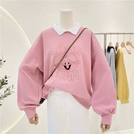 卫衣女春秋薄款2021新款韩版ins潮兔子刺绣宽松学生翻领套头上衣图片