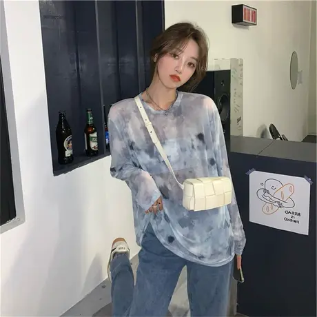 2023夏季新款防晒罩衫上衣辣妹女装网纱冰丝薄款长袖宽松正肩t恤商品大图