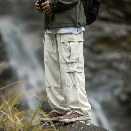 男士户外米色裤子男直筒宽松秋季工装裤伞兵裤2023新款机能冲锋裤商品大图