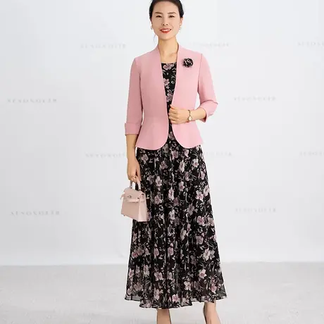 西装外套女套装2025夏季新款时尚气质雪纺印花大摆连衣裙两件套裙图片