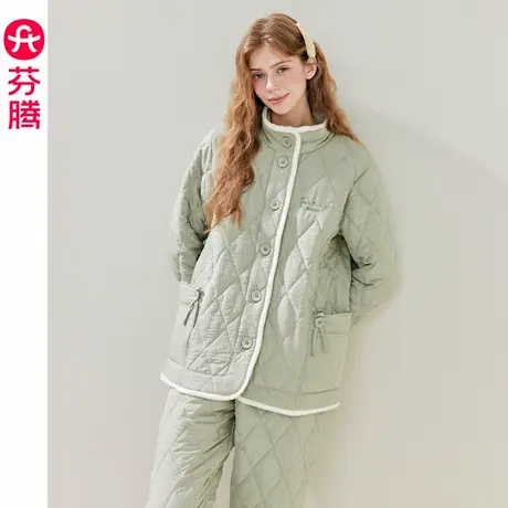 芬腾女士睡衣冬季珊瑚绒三层加厚加绒夹棉袄保暖抗静电家居服套装商品大图
