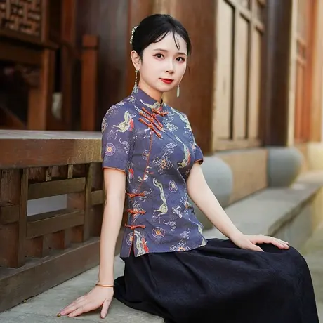 筠雅夏季新款唐装上衣女新中式中国风改良复古女士斜襟短袖25J143商品大图