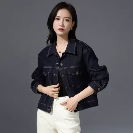 复古深蓝色POLO领牛仔外套女2025春秋季新款休闲机车短款夹克上衣商品大图