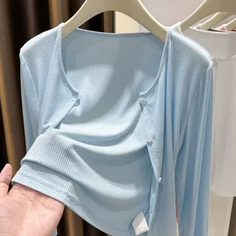 夏季韩系穿搭蓝色针织开衫外套薄款配吊带裙子外搭披肩防晒小罩衫商品大图