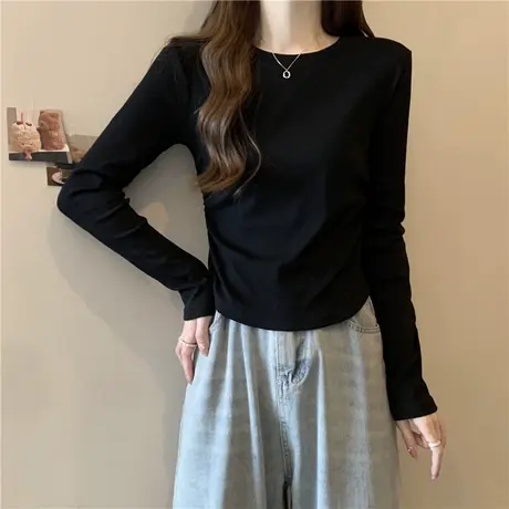 小个子短款褶皱长袖T恤女初秋洋气减龄修身显瘦收腰上衣打底小衫商品大图