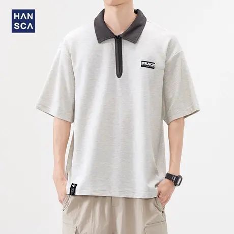 hansca宽松撞色翻领半拉链polo衫男2025新款夏季休闲短袖t恤上衣商品大图
