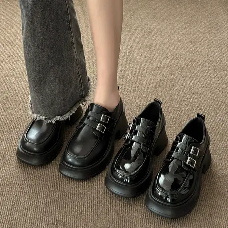 厚底小皮鞋女英伦风春秋季2023年新款方头增高亮皮jk制服粗跟单鞋图片