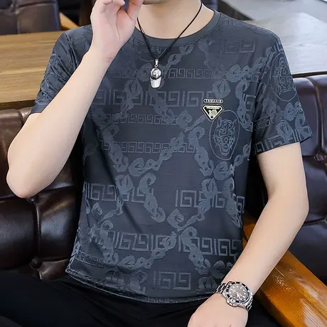 2025夏季新款男士冰丝提花短袖T恤速干男装加肥加大码半袖上衣服图片