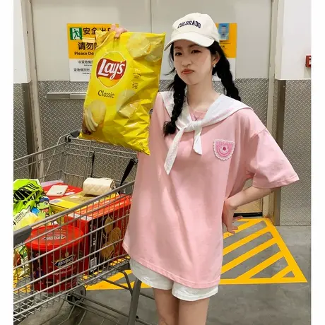 唐狮新款海军领粉色短袖T恤女夏季纯棉宽松上衣女日系甜美商品大图