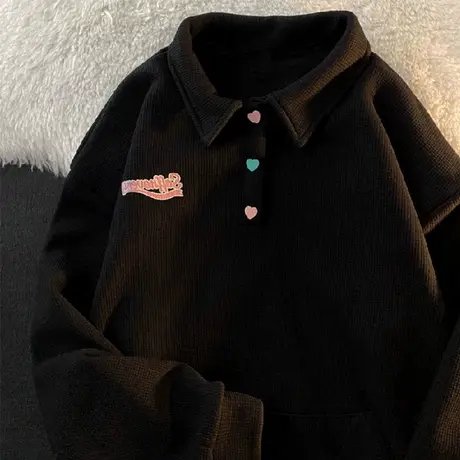 美式复古华夫格Polo领卫衣女秋冬加绒bf慵懒风宽松ins潮小众外套商品大图