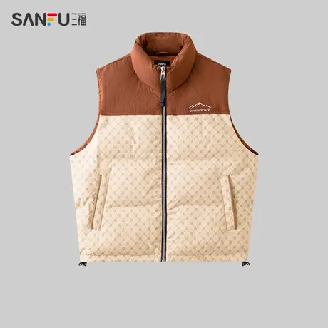 三福2023冬男士撞色老花拼接马甲 运动风宽松立领上衣男472840图片