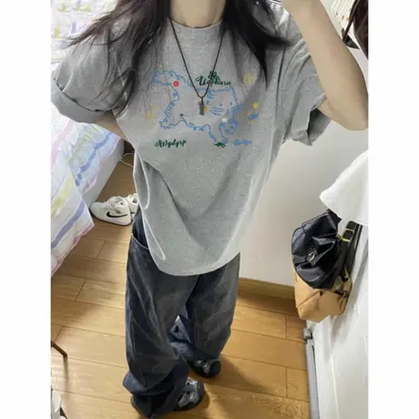 夏季短袖t恤女2025新款爆款纯棉落肩设计感小众美式宽松半袖上衣图片
