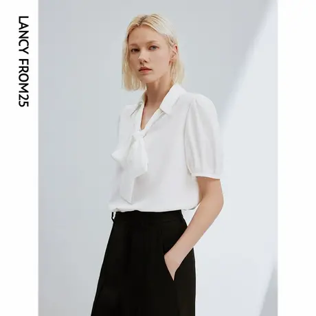 朗姿法式泡泡袖飘带领短袖衬衣上衣女2024夏季新款高级感气质衬衫商品大图
