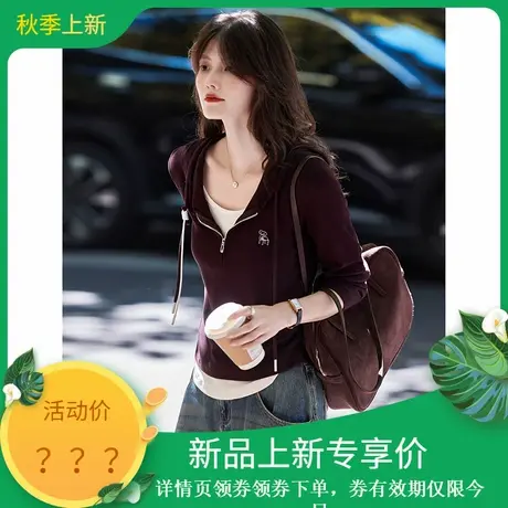 2025年秋季新款女减龄拼接假两件休闲针织简约连帽长袖T恤上衣商品大图