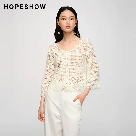 红袖夏季2024新款女装 绣花镂空单排扣圆领针织开衫89324190111商品大图